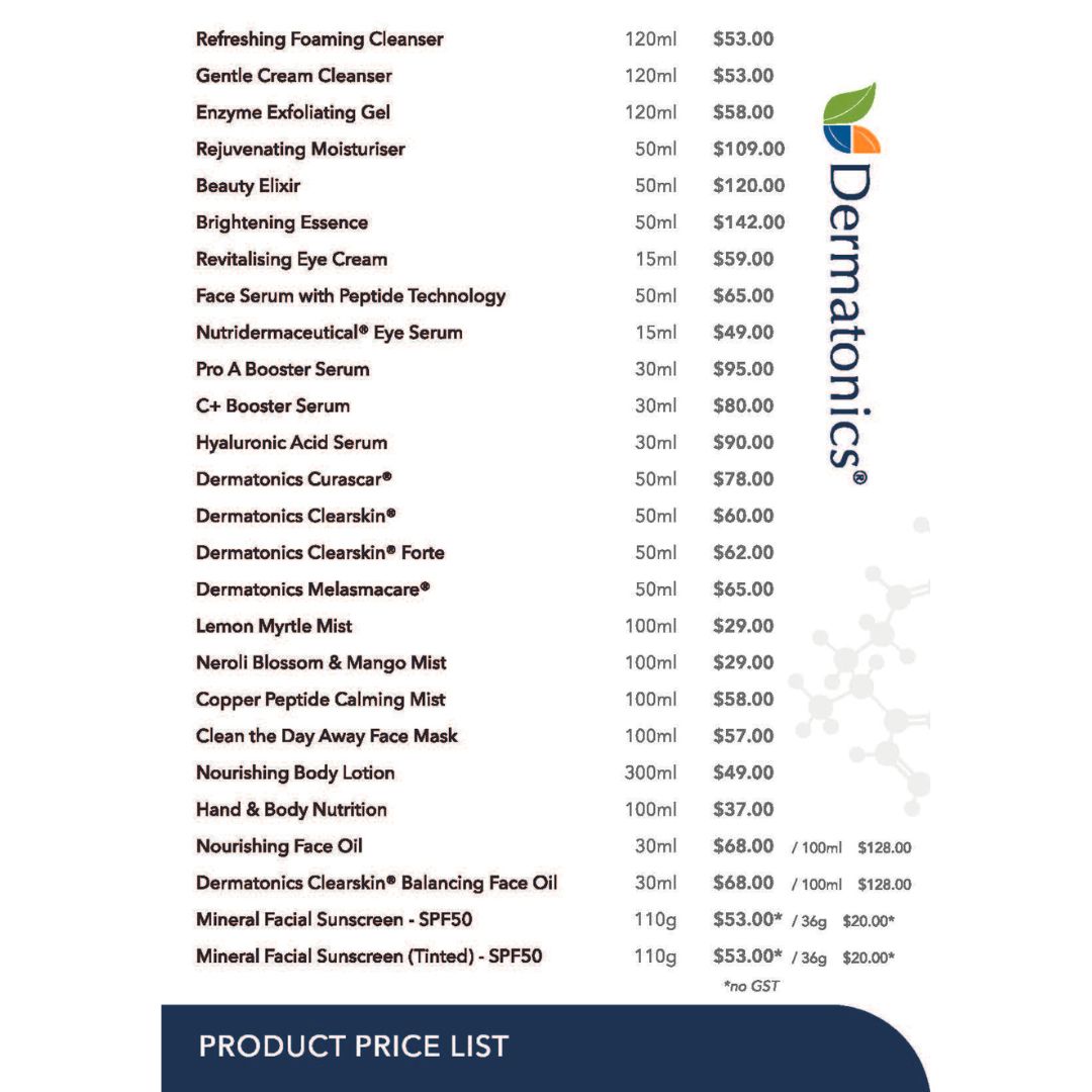 Dermatonics Retail Price List